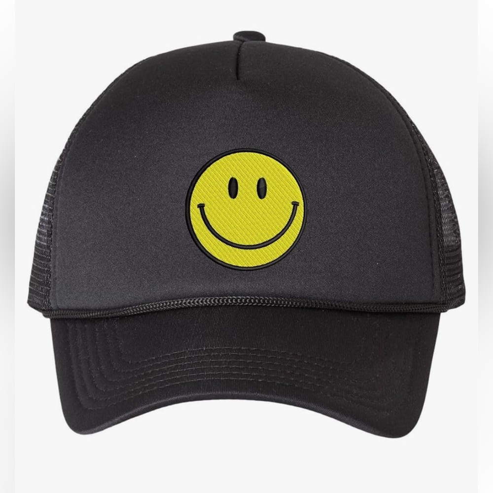 Smiley Face Embroidered Foam Mesh Back Trucker Hat in Black and Gold Adjustable